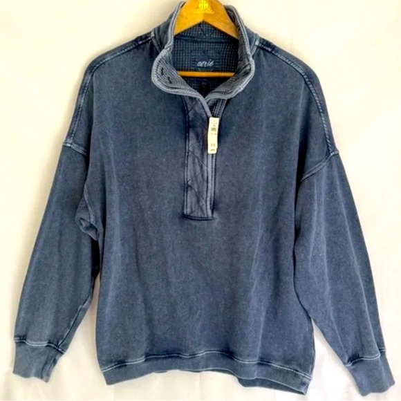 🆕 Aerie Getaway Quarter Snap Sweatshirt - XXL Washed Denim - Picture 1 of 4